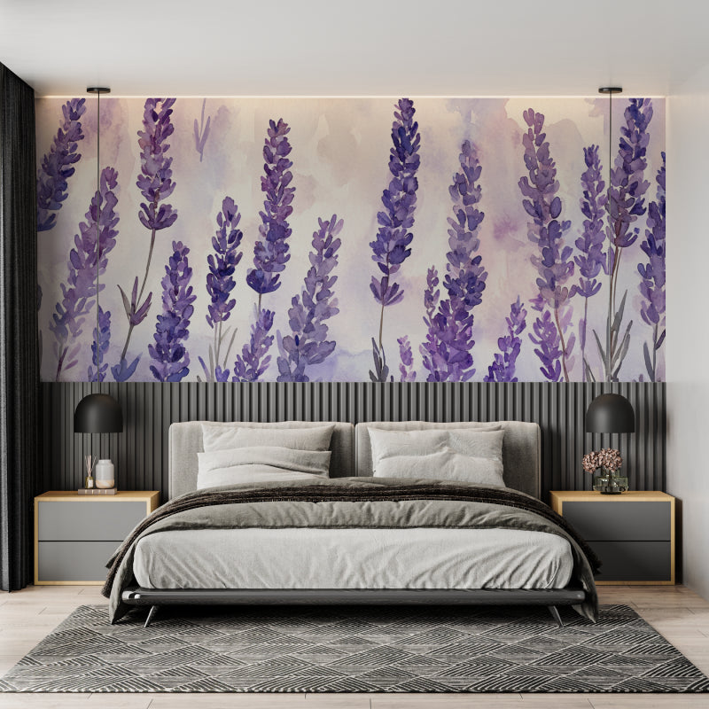 Lavender wallpaper in home office, watercolor florals inspire creativity