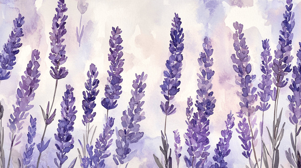 Watercolor lavender wallpaper design file, delicate purple floral pattern with soft misty background