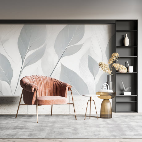 Botanical leaf wallpaper in modern living room showing grey leaves pattern creating a serene atmosphere