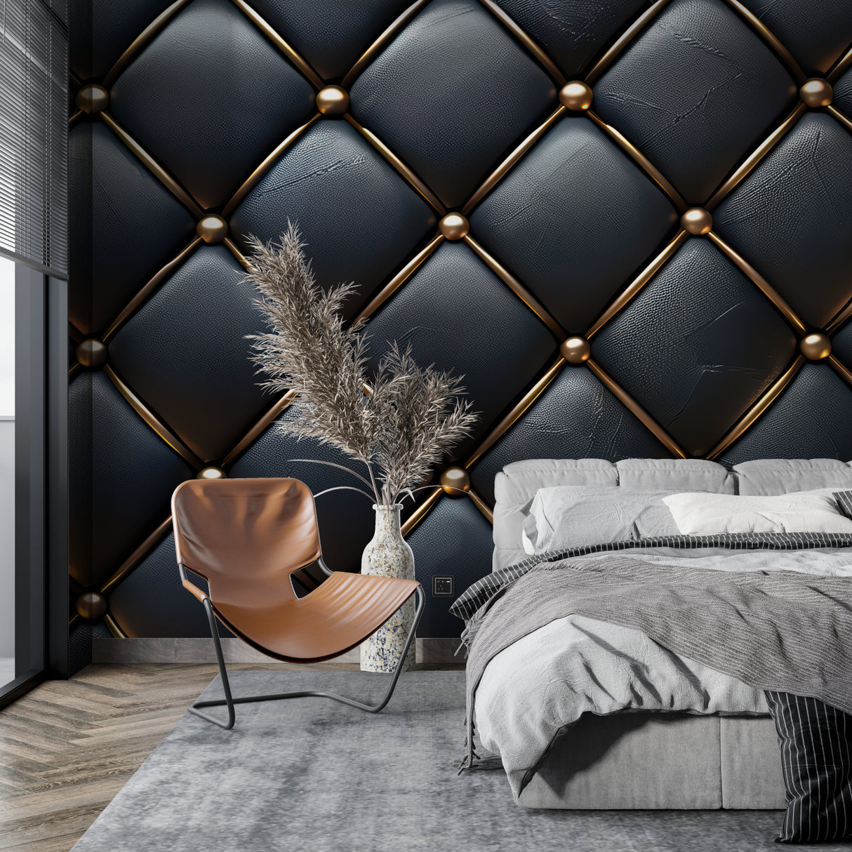 Black and gold leather wallpaper creating luxury feel in modern living room with grey sofa
