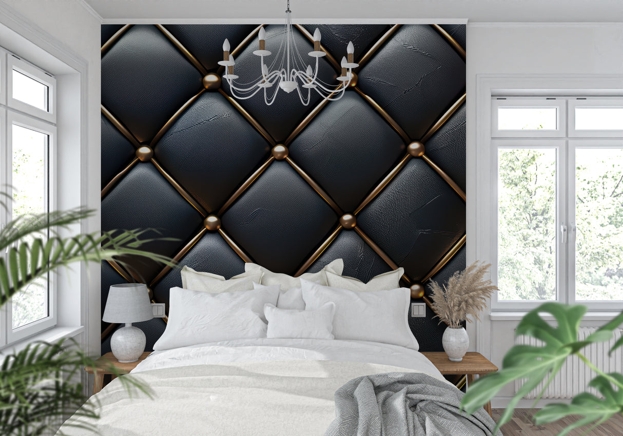 Quilted leather wall mural adding sophistication to master bedroom with gold accents