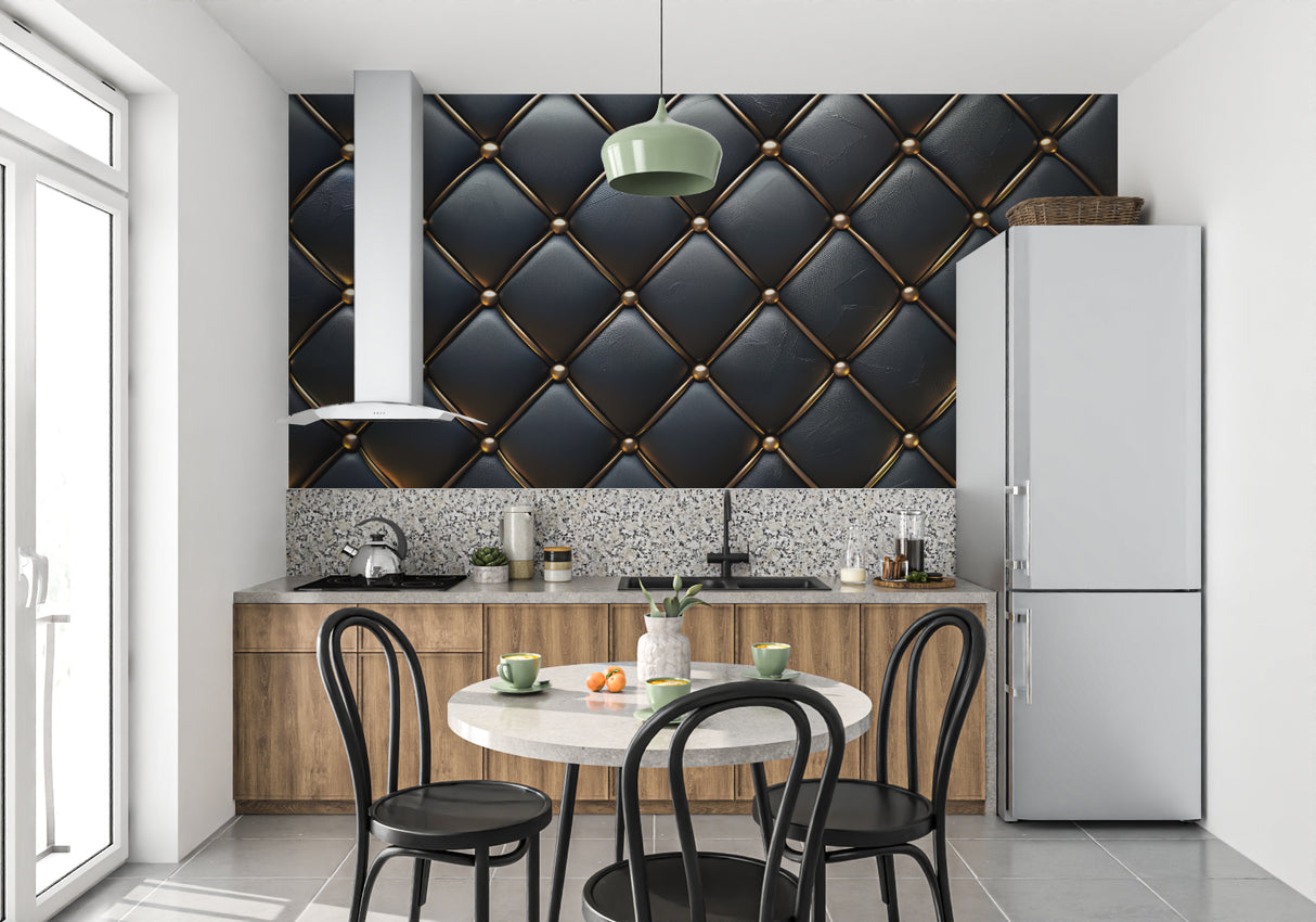 Tufted leather pattern wall covering enhancing dining room ambiance