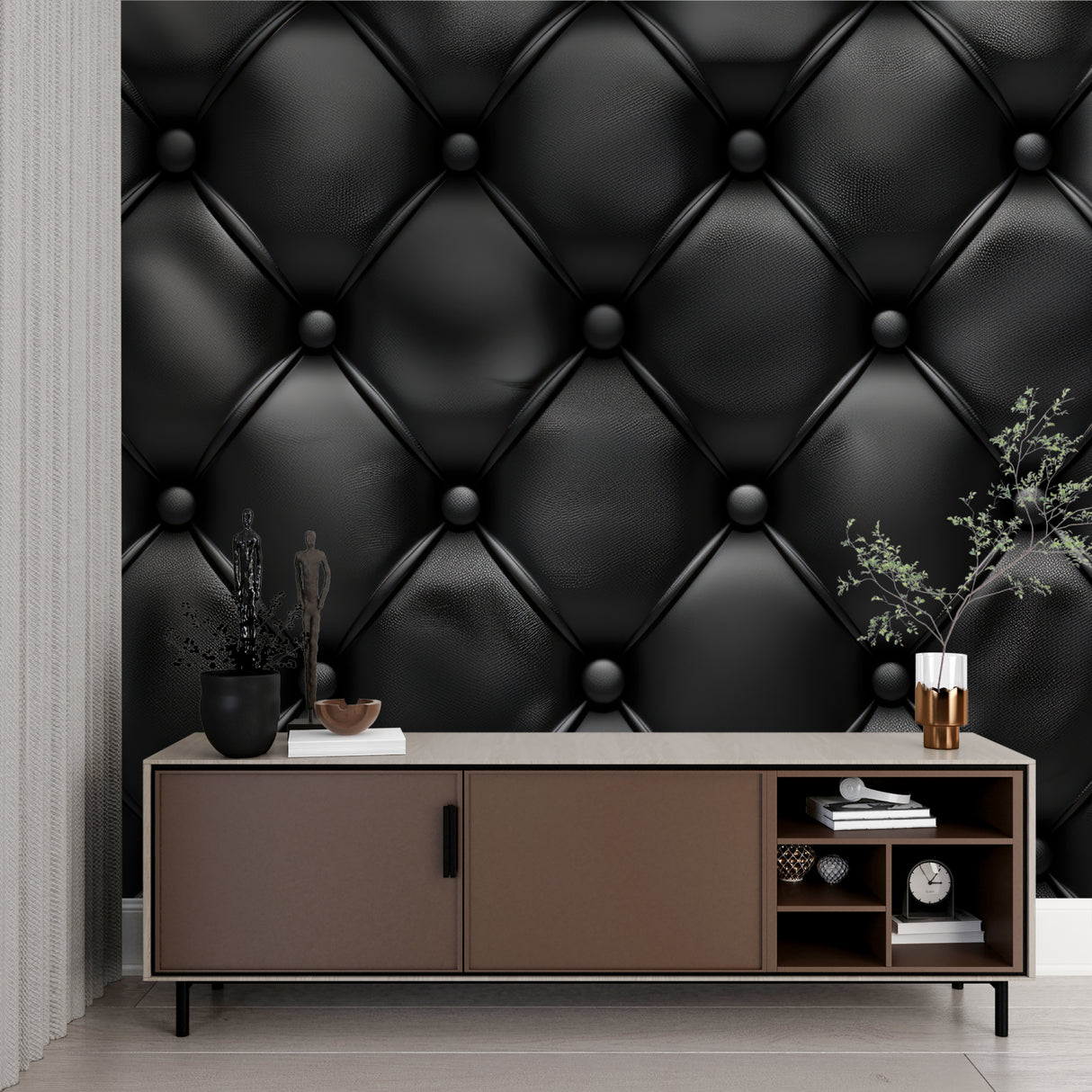 Luxury master bedroom featuring black padded wall mural behind modern bed