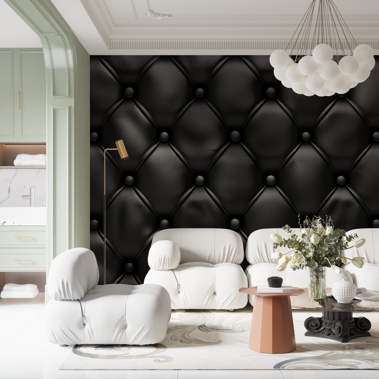 Black tufted leather wallpaper in home office with leather chair and brass details