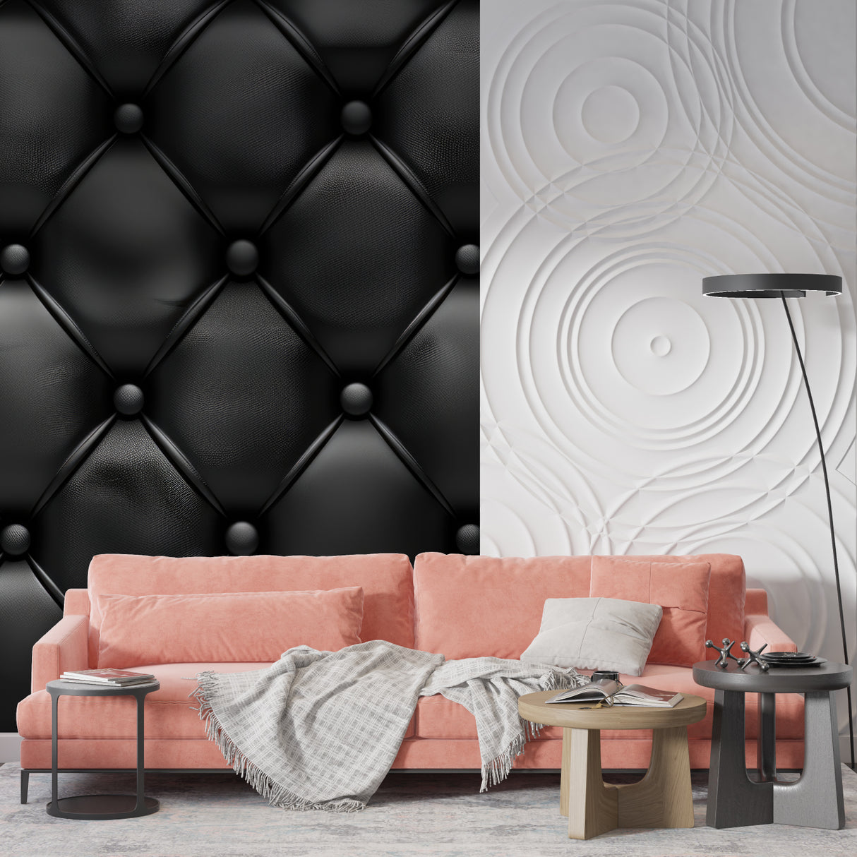 Restaurant dining area with black leather effect wall mural creating upscale ambiance