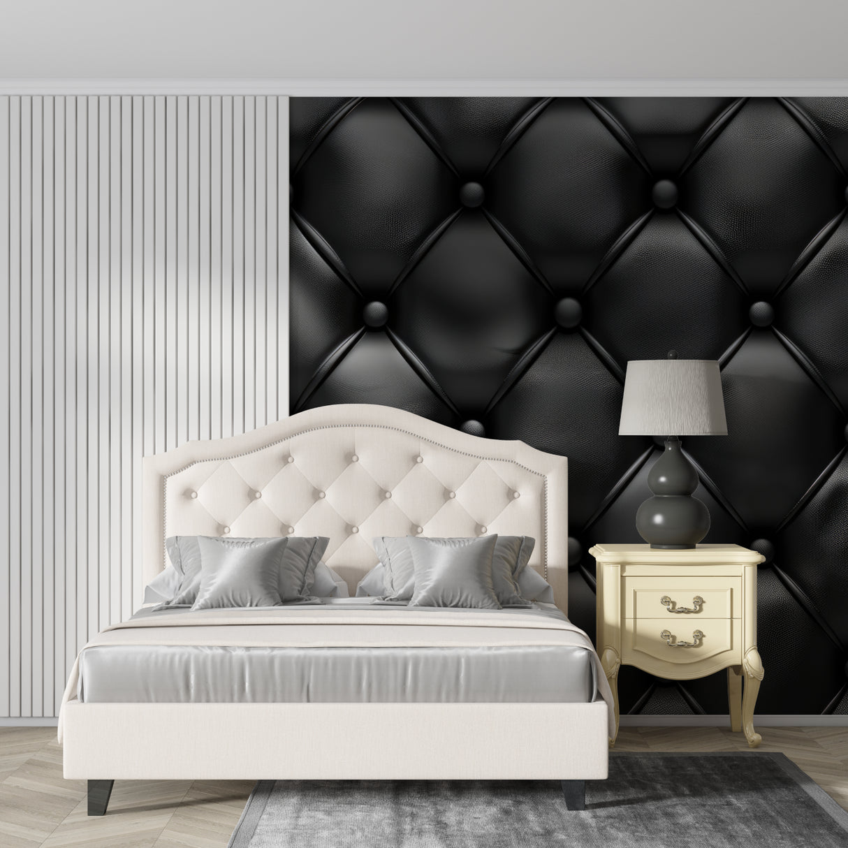 Hotel lobby showcasing black quilted wall design with modern lighting