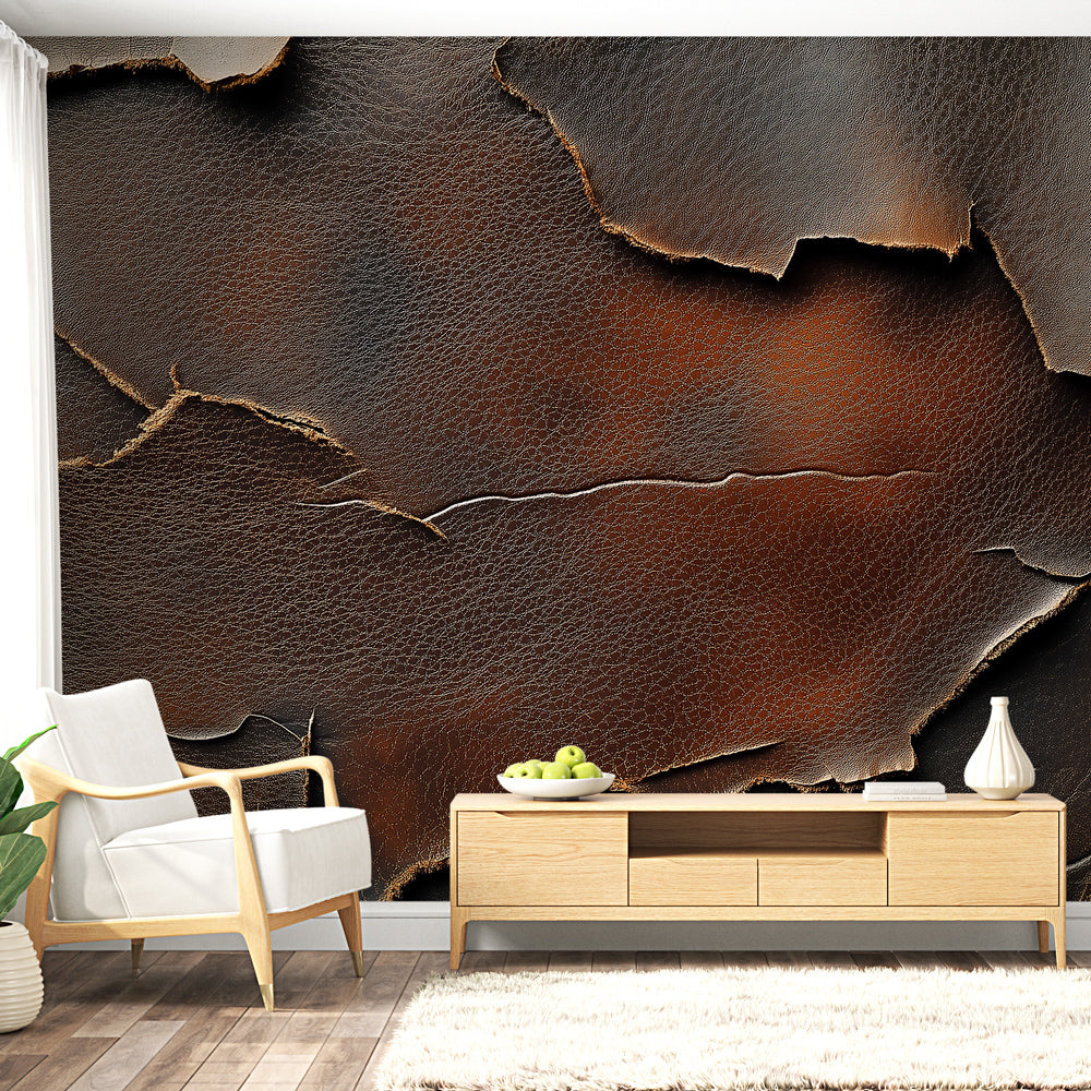Brown leather effect wallpaper in modern home office with desk and leather chair creating cozy atmosphere