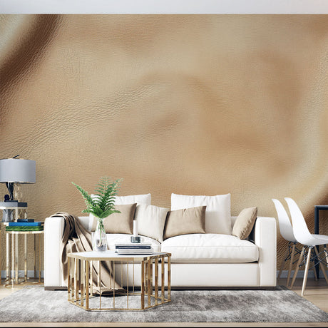 Beige leather textured wallpaper in modern living room showing rich surface detail and warm neutral tones