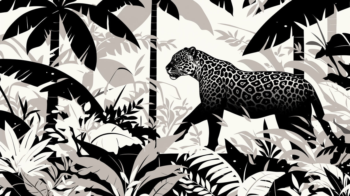 Black and white leopard wallpaper creating drama in a modern living room with minimalist furniture