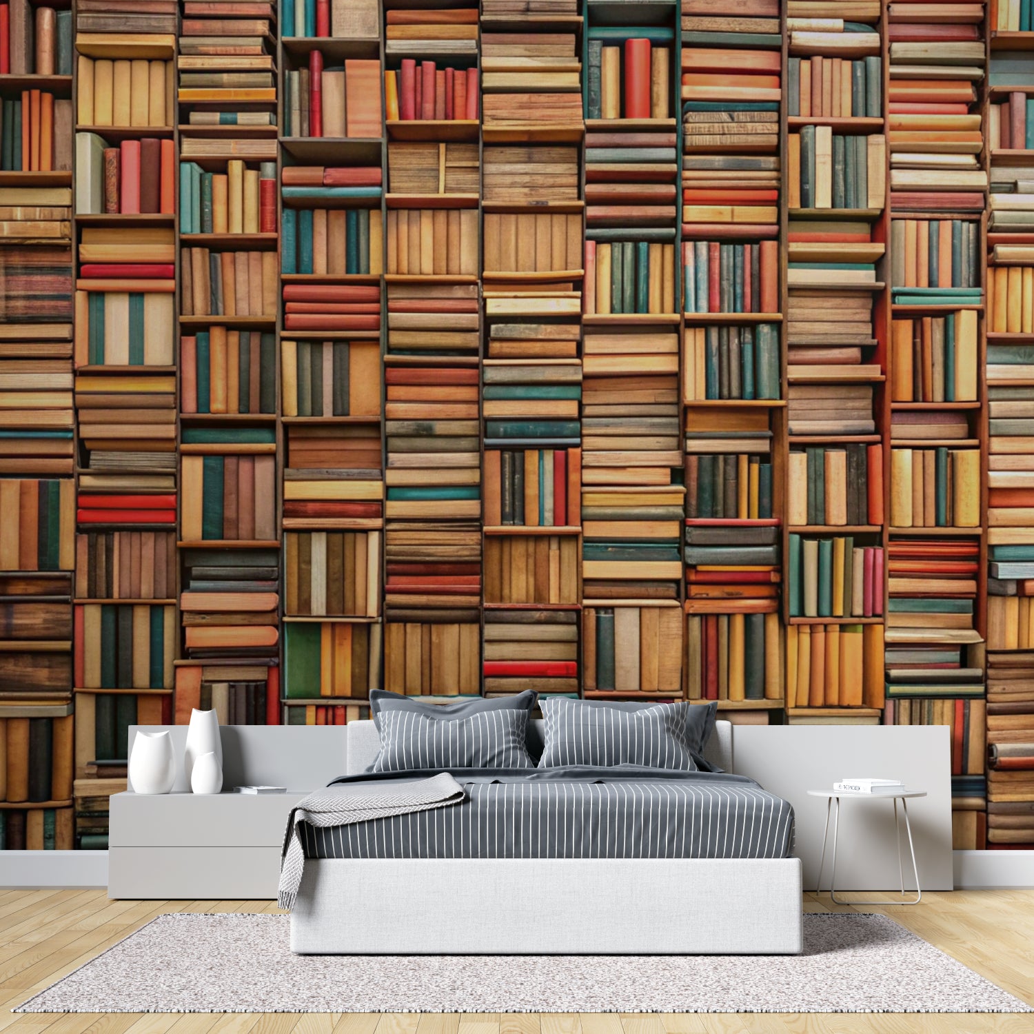 Vintage library wallpaper adding warmth to a dining room feature wall