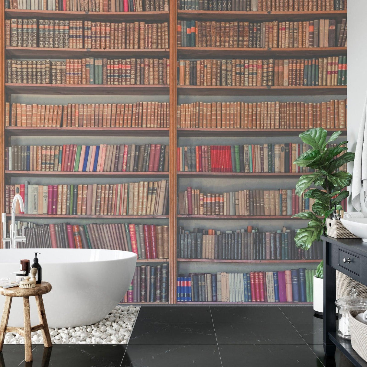 Vintage bookshelf wallpaper bringing charm to a home office setting