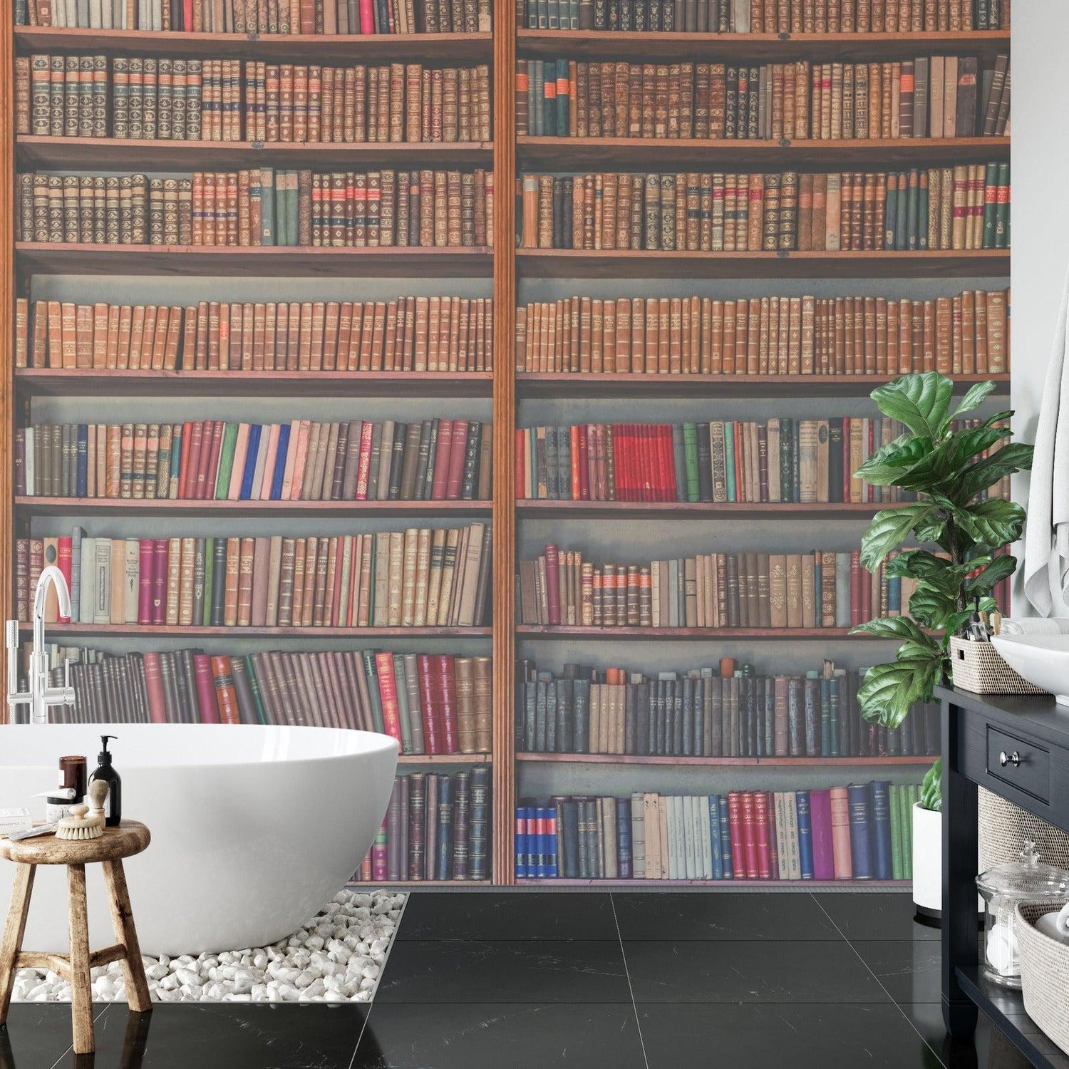Vintage bookshelf wallpaper bringing charm to a home office setting