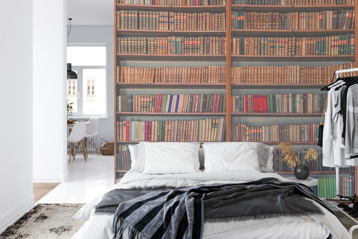 Classic library wall mural transforming a bedroom into a sophisticated retreat