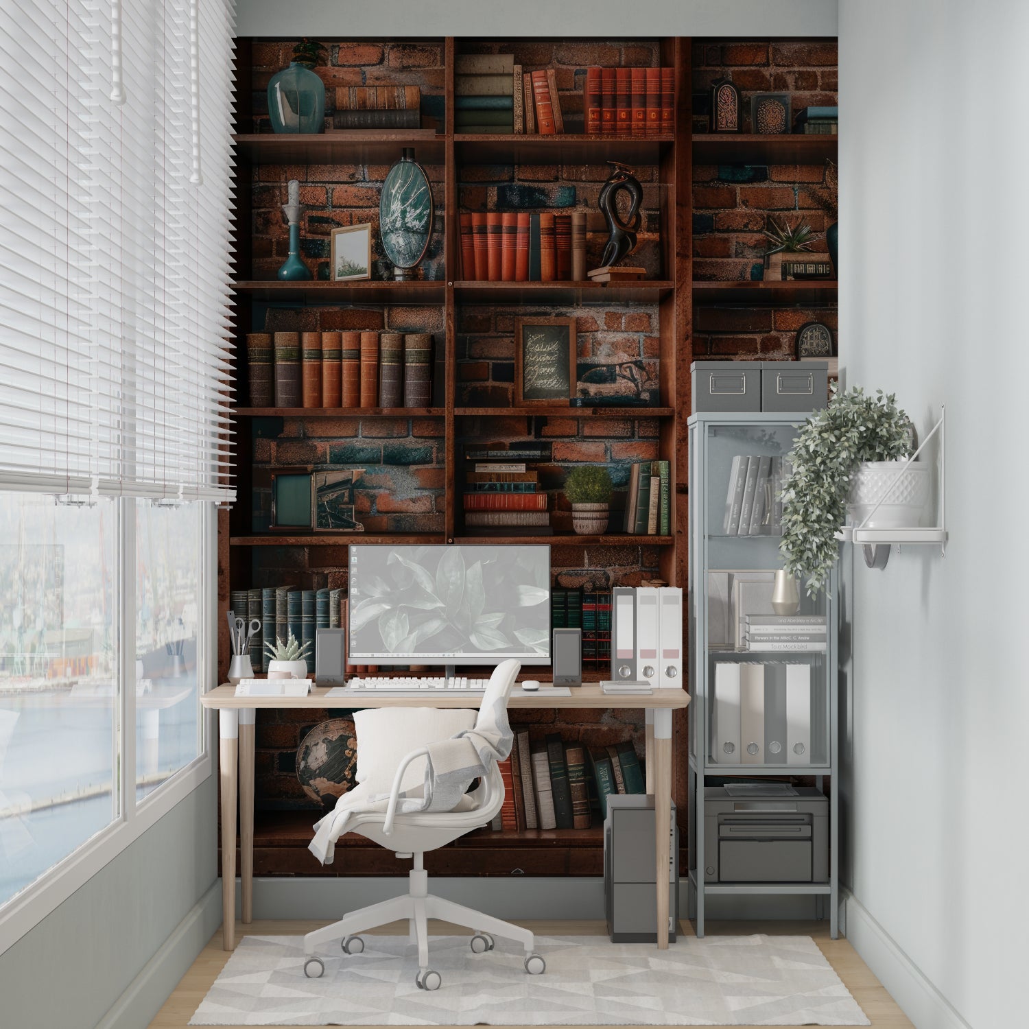 Brick and bookshelf wallpaper design in study room with desk setup