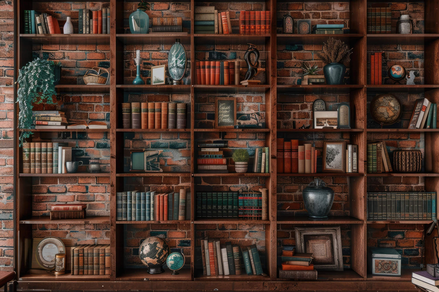 Library wallpaper design file showing detailed vintage bookshelf pattern with brick texture