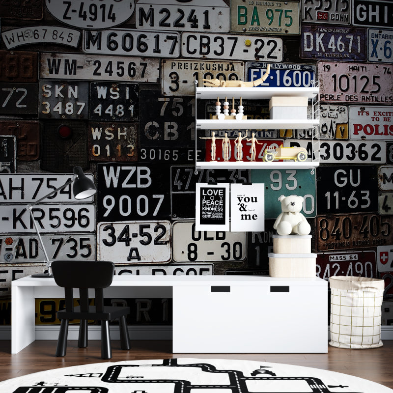 Vintage license plate mural creating focal point in urban home office