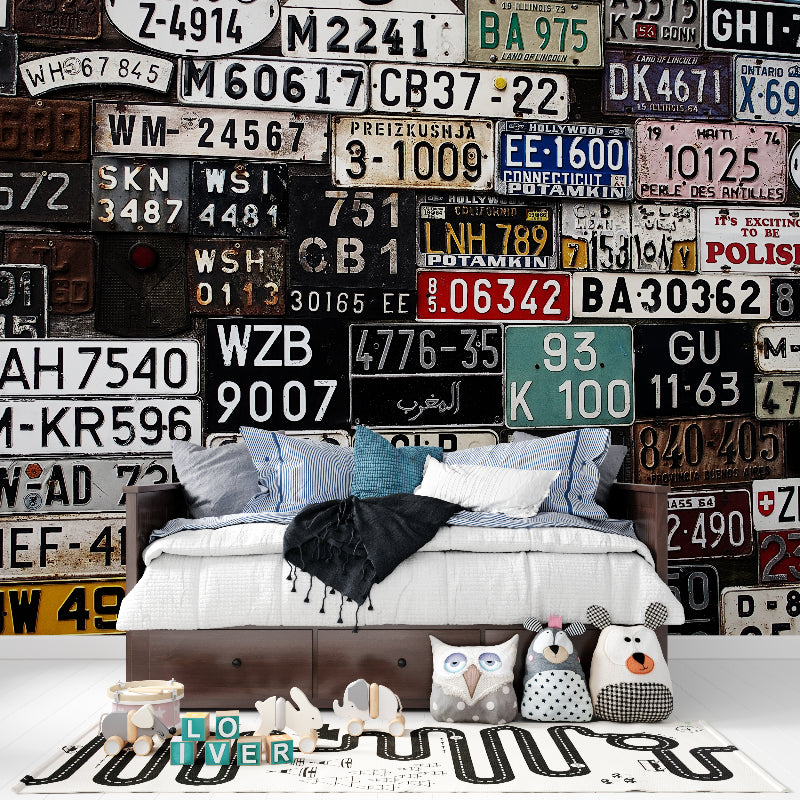 Industrial wall mural with license plates in contemporary living room