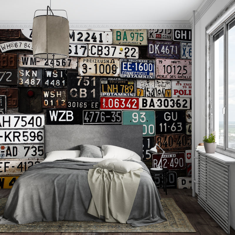 Black and white license plate wallpaper adding edge to game room