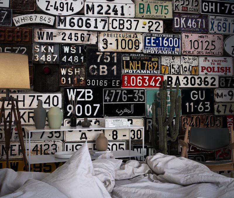 License plate wall design bringing urban feel to modern dining space