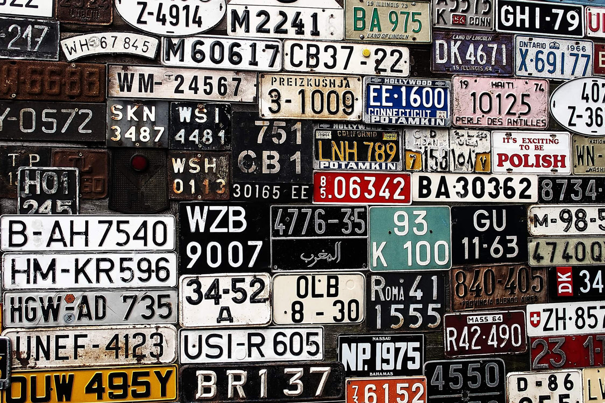 Design file of vintage license plate pattern showing detailed plate collection and textures