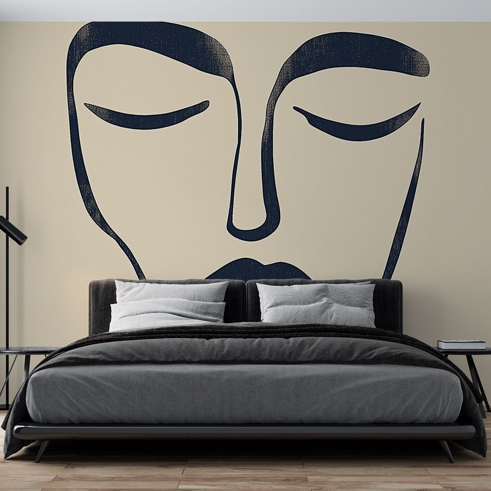 Modern Line Art Face Wallpaper creating a striking focal point in a minimal Scandinavian living room setting