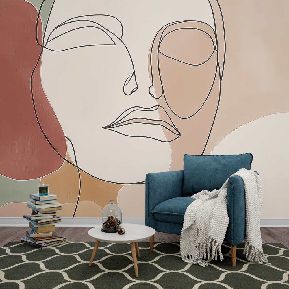 Modern Line Art Face Wallpaper creating a stunning focal point in a minimal Scandinavian living room with earth tone accents