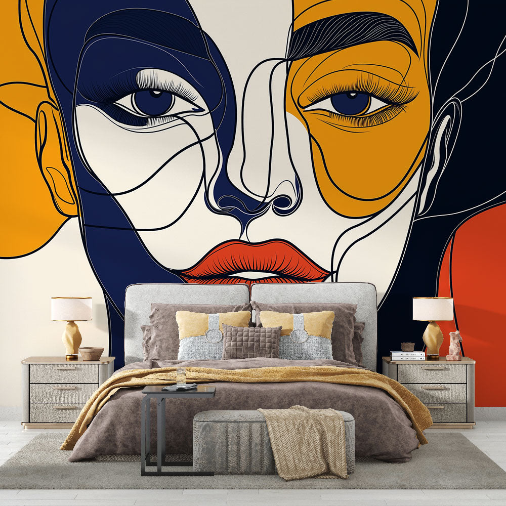 Modern abstract line art face wallpaper creating a bold statement in a minimal Scandinavian living room