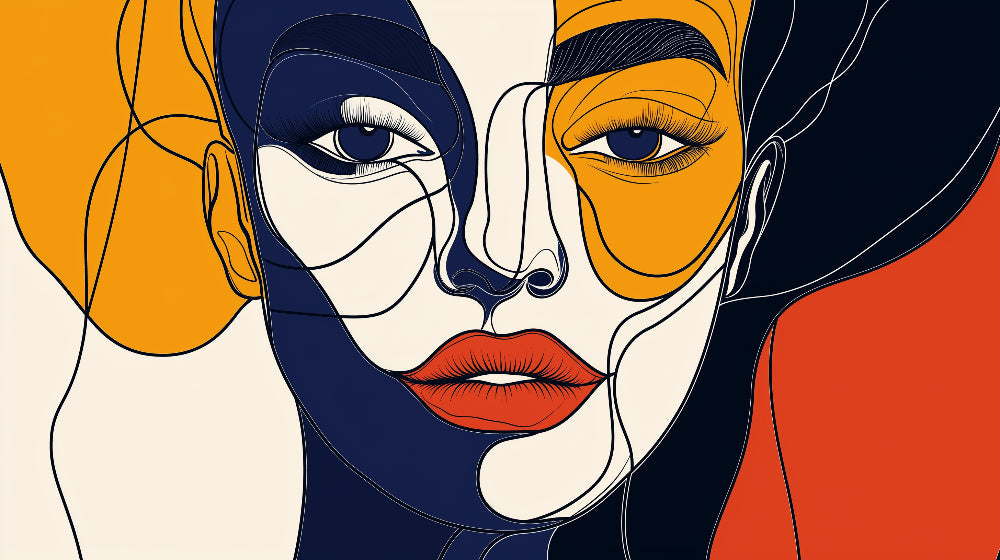 Abstract face line art wallpaper design file showing navy blue and orange color palette