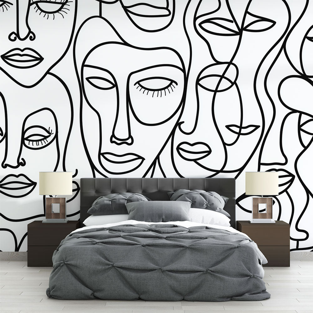 Modern Line Art Face Wallpaper creating a stunning focal point in a minimalist living room with clean furniture