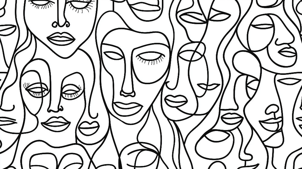 Abstract Faces Line Art Wallpaper design file showing the complete black and white pattern