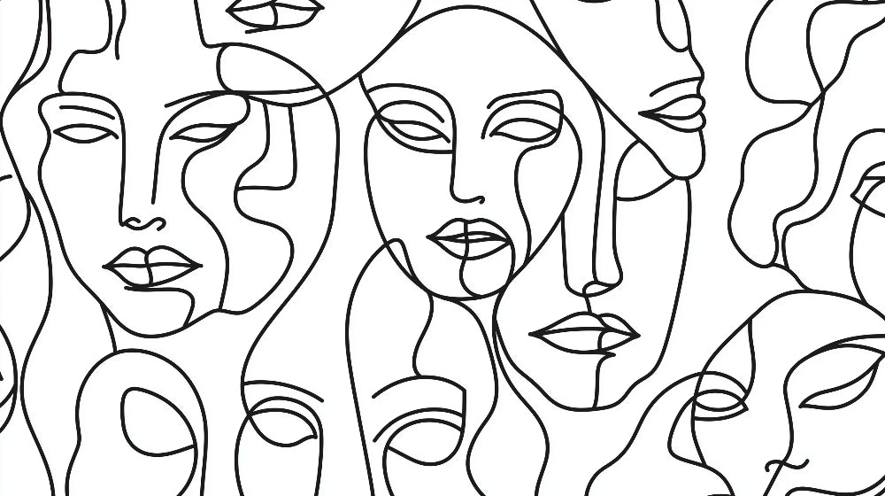 Abstract faces line art wallpaper design file showing continuous black strokes on white background