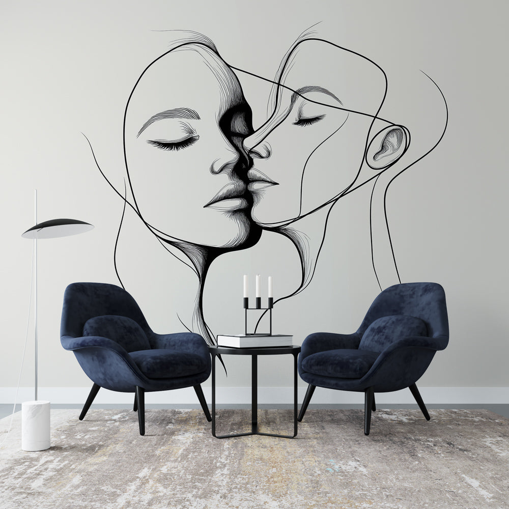 Modern Line Art Face Wallpaper creating a striking focal point in a minimalist living room with natural lighting