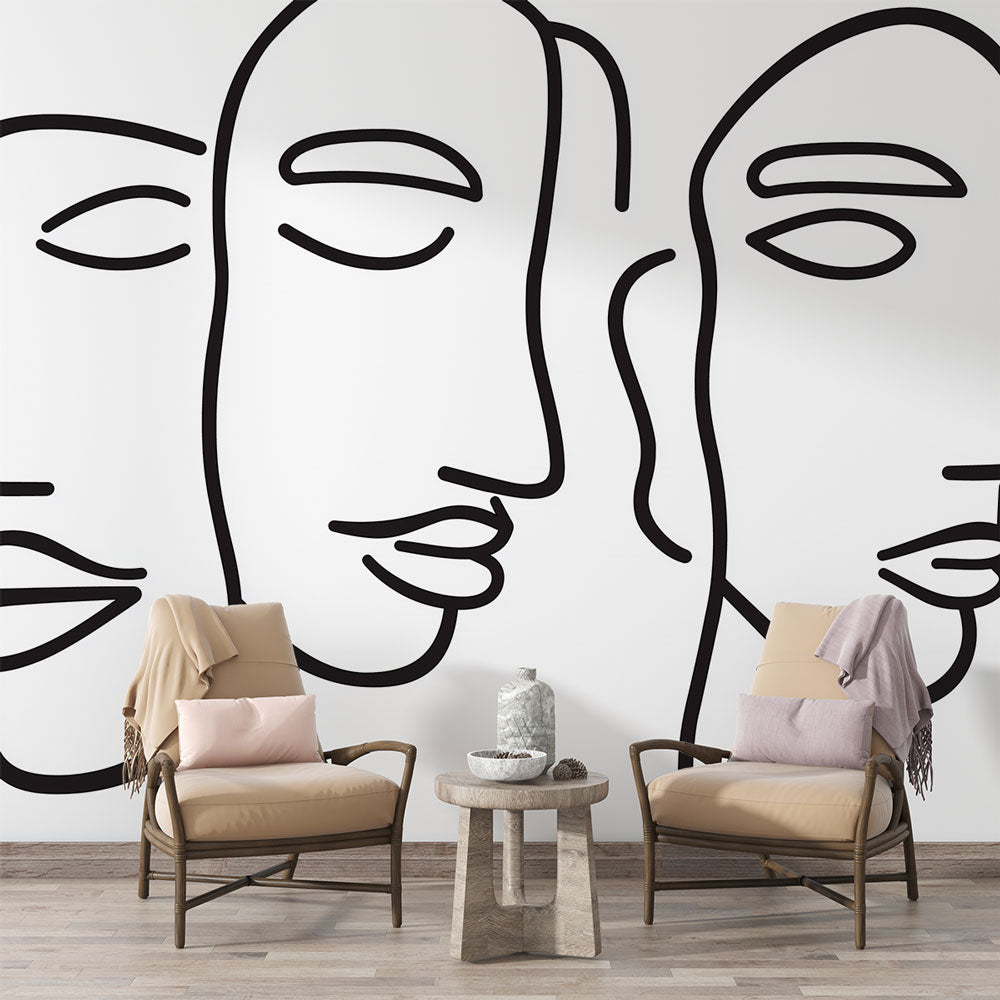 Modern living room featuring Abstract Faces Line Art Wallpaper, showing clean black lines against white walls