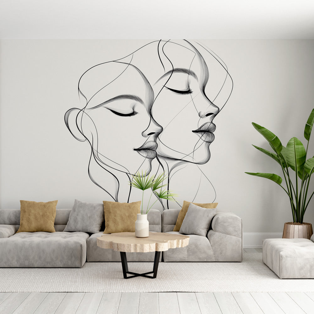 Line art face wallpaper creating modern appeal in a minimal Scandinavian living room setting