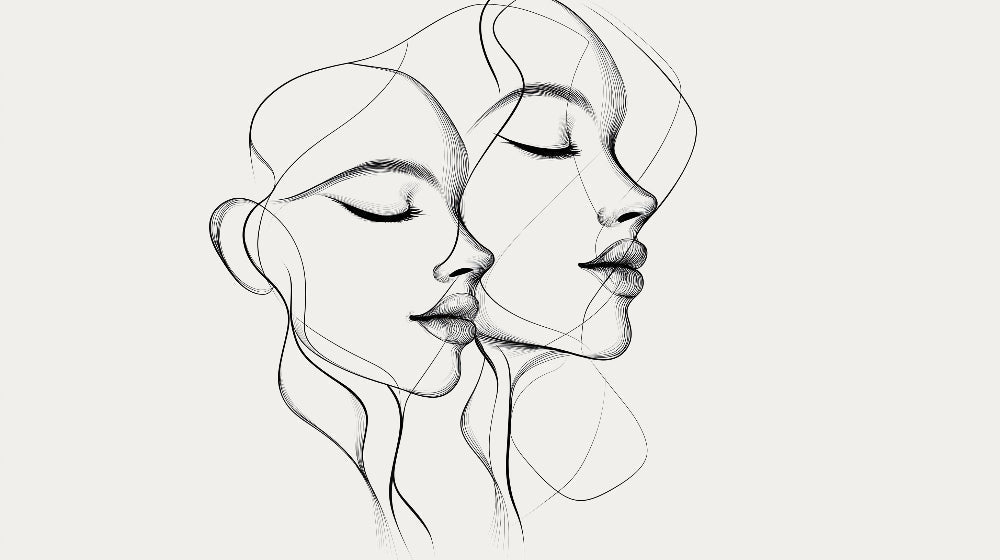 Black and white abstract face line art wallpaper design file showing fluid continuous lines and elegant profiles