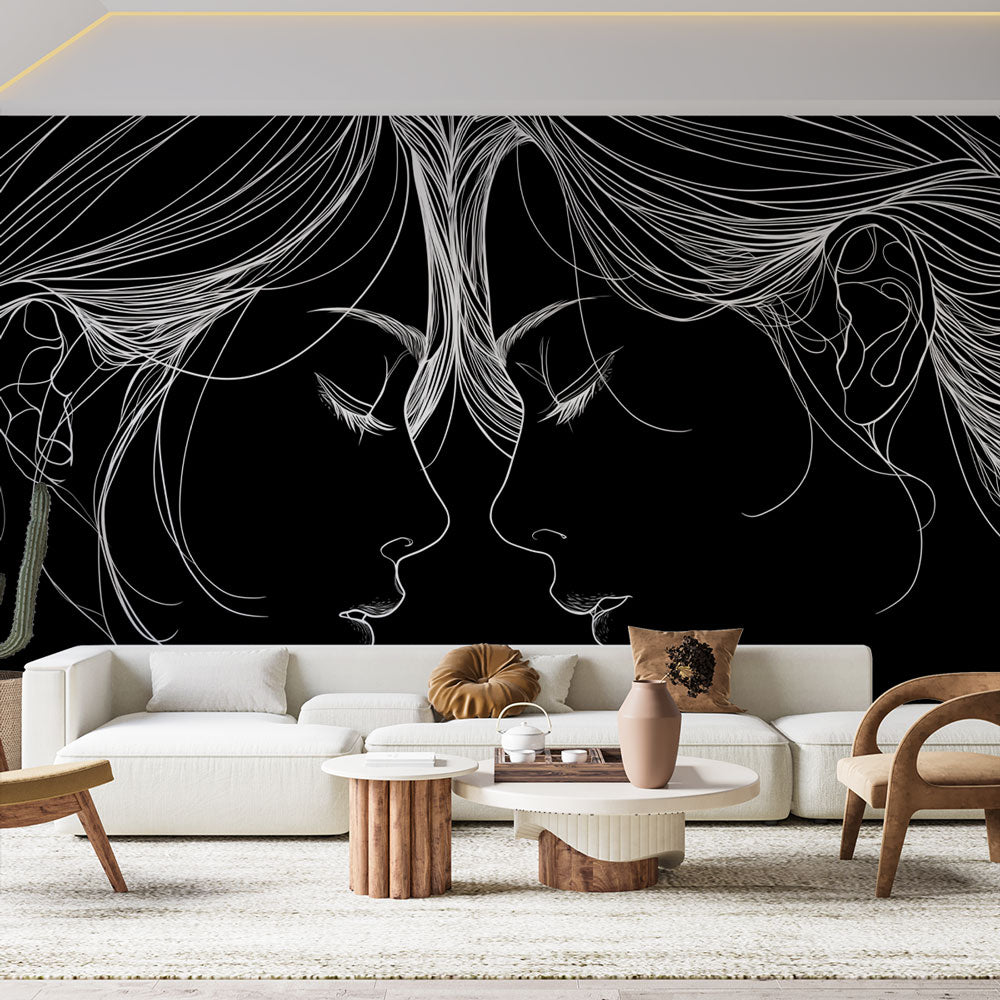 Line art faces wallpaper creating dramatic impact in a modern minimalist living room with white furniture