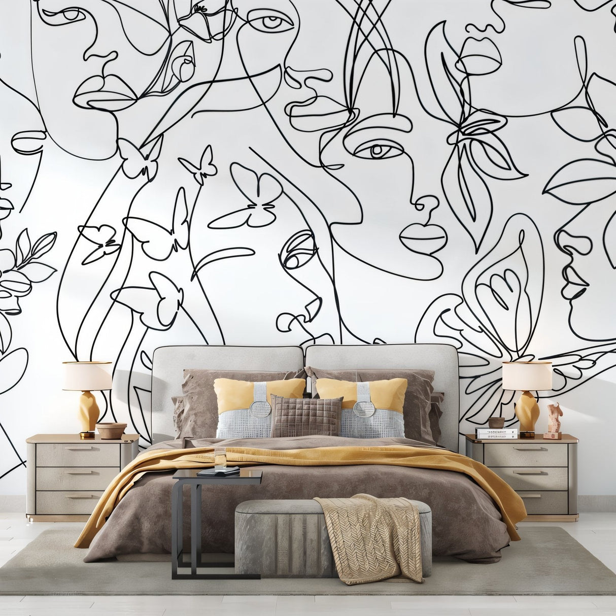 Line art face wallpaper creating an artistic focal point in a modern living room with minimal furniture