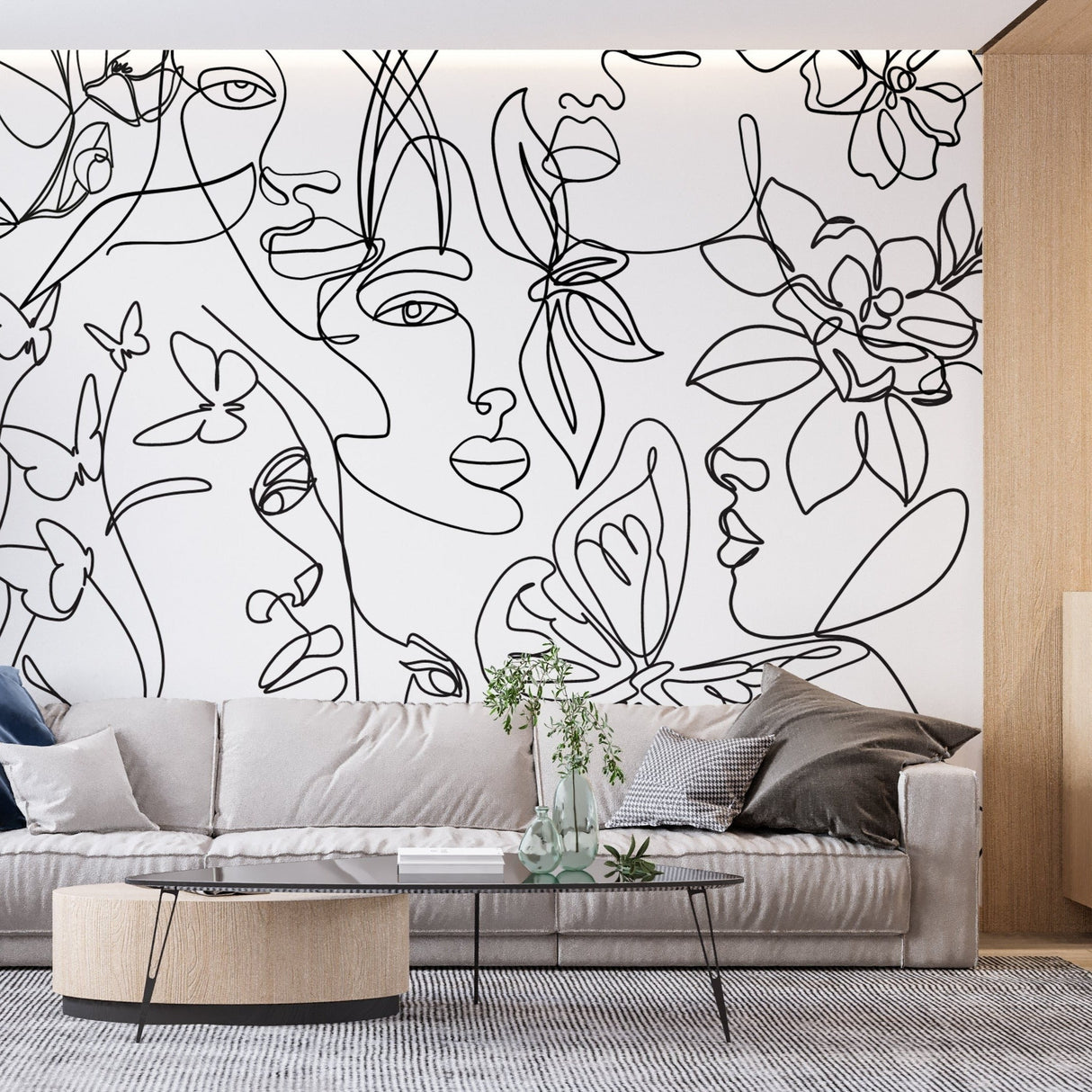 Abstract line art wall mural bringing character to a bright bedroom with natural lighting