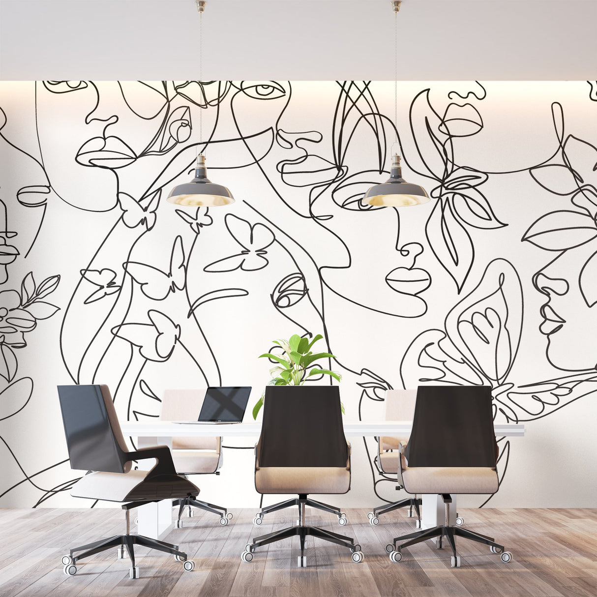 Black and white line art wallpaper making a statement in a home office space