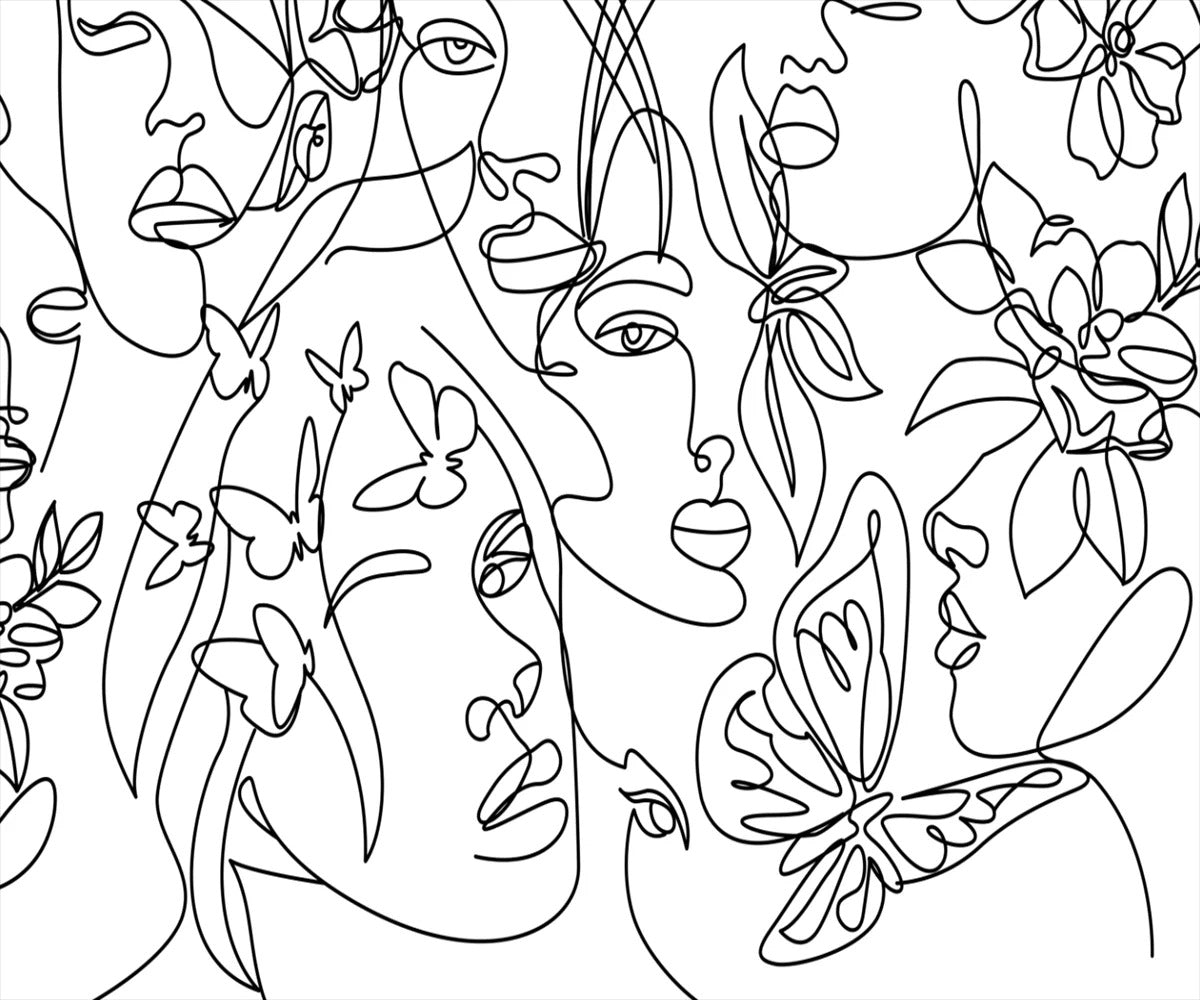 Design file showing the complete abstract faces and butterflies line art pattern in perfect detail