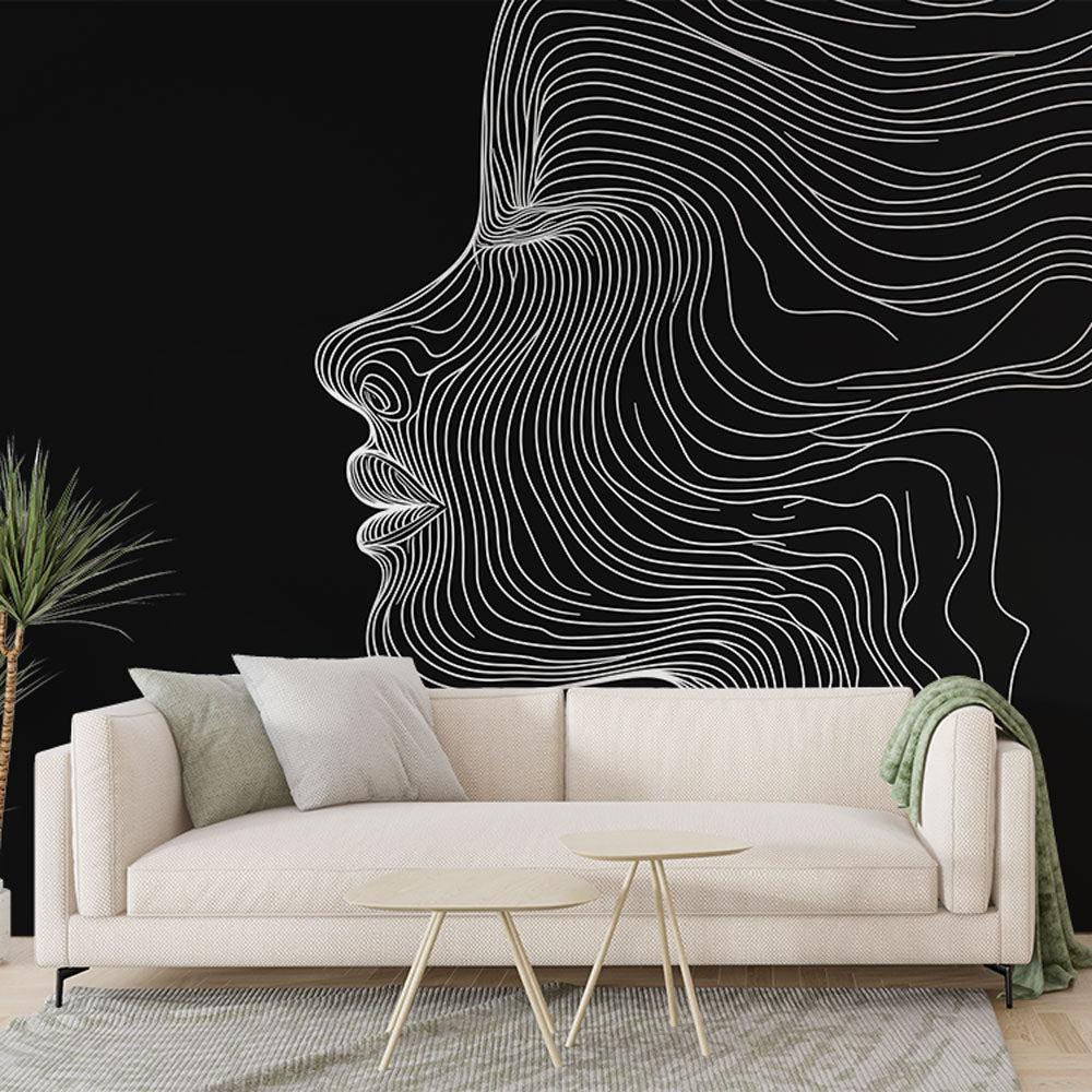 Modern line art wallpaper creating dramatic contrast in a minimalist living room with clean furniture lines