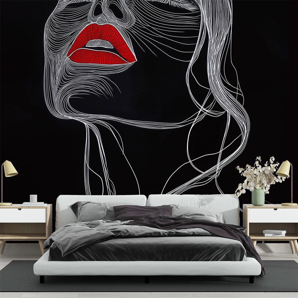 Modern Line Art Portrait Wallpaper creating dramatic impact in a minimalist living room with black and red accents