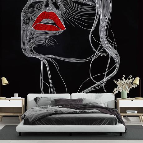 Modern Line Art Portrait Wallpaper creating dramatic impact in a minimalist living room with black and red accents