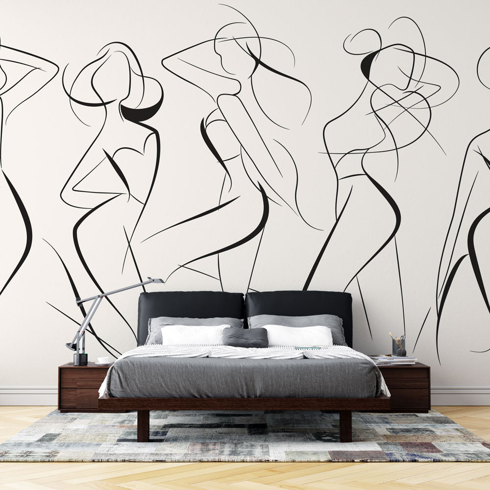 Line art wallpaper creating a striking focal point in a minimalist living room with clean white furniture