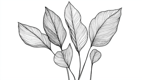 Botanical line art wallpaper design file showing detailed black and white leaf pattern