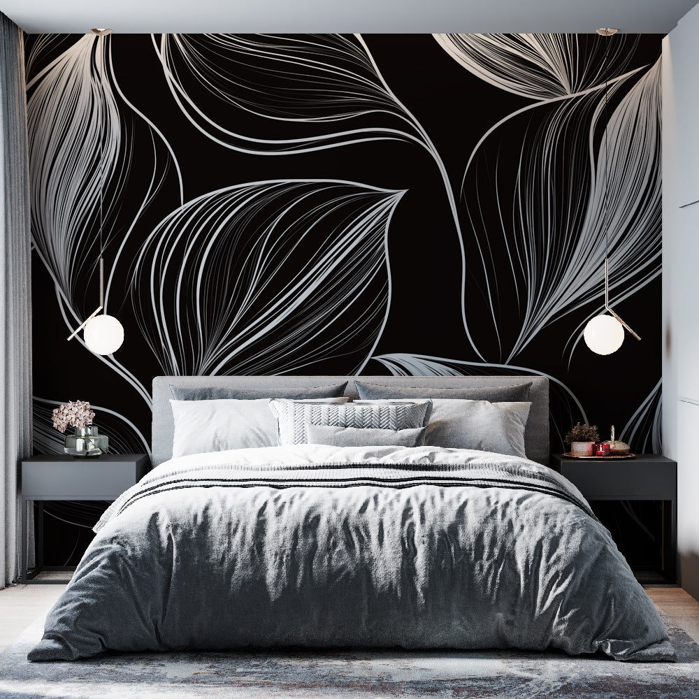 Black and white line art wallpaper with feather pattern creating depth in a modern living room setting