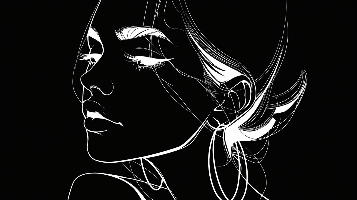 Modern Line Art Portrait Mural Wallpaper styled in a minimalist living room with black and white furniture