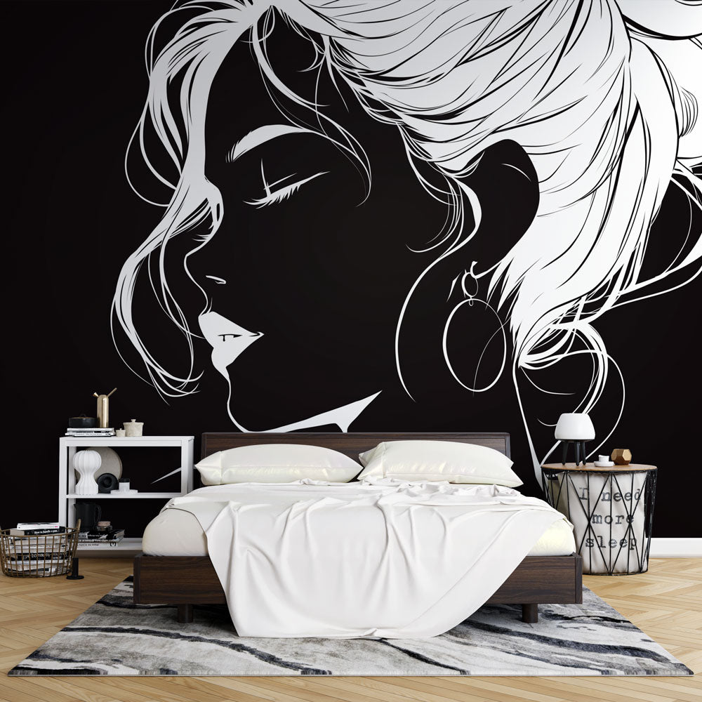 Black and white line art portrait mural styled in modern living room with minimal furniture and natural light
