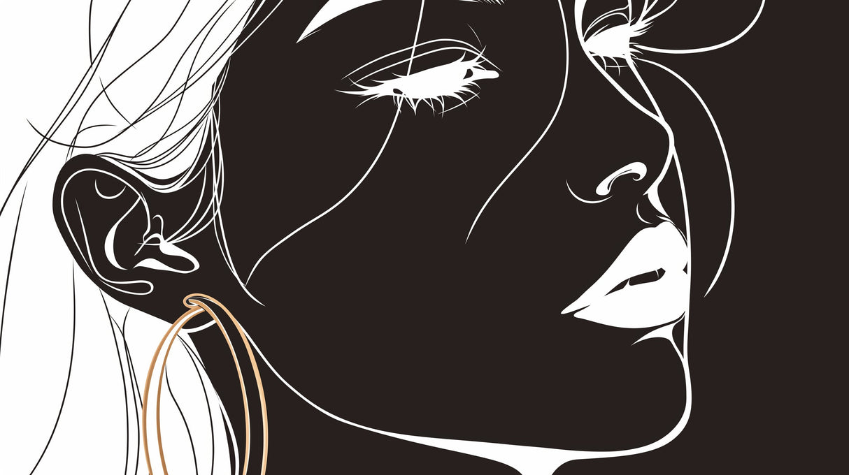 Black and white line art portrait design file showing intricate details and golden accents