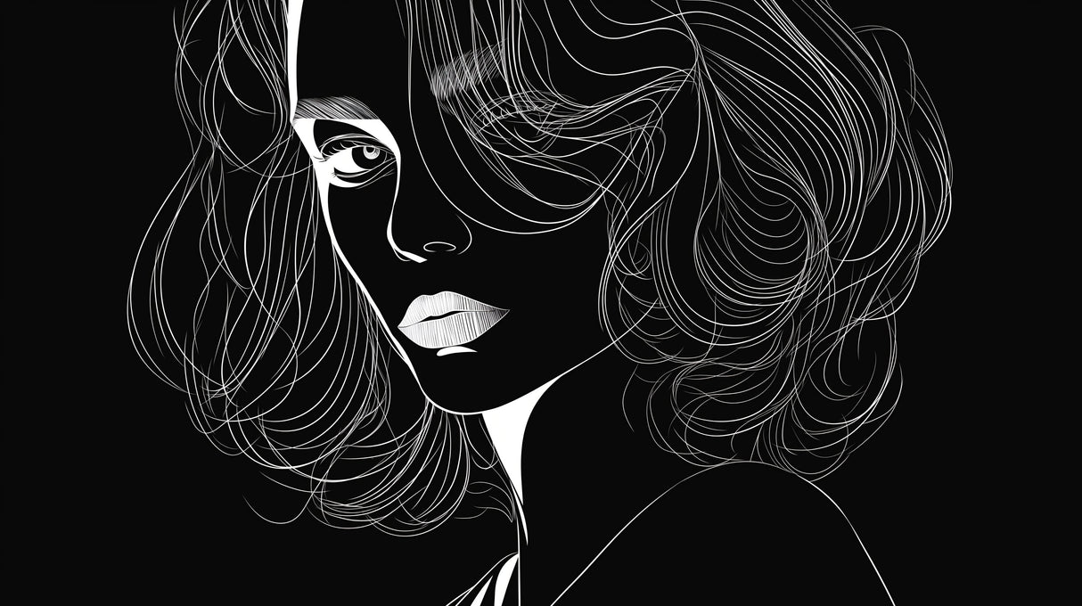 Black and white portrait line art wallpaper design file showing intricate flowing lines on dark background